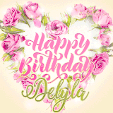A stunning heart made of pink roses surrounds the elegant script text 'Happy Birthday Delyla' on a soft beige background. Animated sparkles add a magical and festive feel.