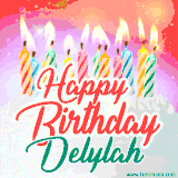 Bright birthday candles with rainbow flames on a cake, alongside the text 'Happy Birthday Delylah' in vibrant script in this celebratory animated GIF.