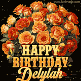 Animated bouquet of orange roses with moving butterfles and golden 'Happy Birthday Delylah' text, surrounded by sparkling accents and a dark backdrop for a luxurious feel.
