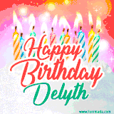 Bright birthday candles with rainbow flames on a cake, alongside the text 'Happy Birthday Delyth' in vibrant script in this celebratory animated GIF.