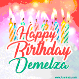 Bright birthday candles with rainbow flames on a cake, alongside the text 'Happy Birthday Demelza' in vibrant script in this celebratory animated GIF.