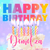 A vibrant animated name GIF with the words 'Happy Birthday Demelza' with colorful candles on a creamy cake. The background sparkles with pastel shades, adding a festive touch.