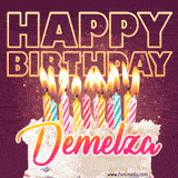 A colorful birthday cake topped with lit candles, with the words 'Happy Birthday Demelza' in bold glowing letters on a burgundy background. Animated flames add a festive touch.