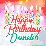 Bright birthday candles with rainbow flames on a cake, alongside the text 'Happy Birthday Demeter' in vibrant script in this celebratory animated GIF.