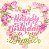 A stunning heart made of pink roses surrounds the elegant script text 'Happy Birthday Demeter' on a soft beige background. Animated sparkles add a magical and festive feel.