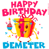 A vibrant and funny gift box character with a happy face dancing with a cupcake and the text 'Happy Birthday Demeter,' surrounded by animated confetti and party vibes.