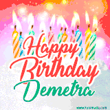 Bright birthday candles with rainbow flames on a cake, alongside the text 'Happy Birthday Demetra' in vibrant script in this celebratory animated GIF.