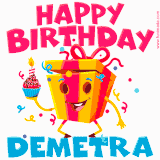 A vibrant and funny gift box character with a happy face dancing with a cupcake and the text 'Happy Birthday Demetra,' surrounded by animated confetti and party vibes.