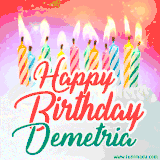 Bright birthday candles with rainbow flames on a cake, alongside the text 'Happy Birthday Demetria' in vibrant script in this celebratory animated GIF.