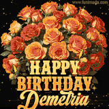Animated bouquet of orange roses with moving butterfles and golden 'Happy Birthday Demetria' text, surrounded by sparkling accents and a dark backdrop for a luxurious feel.