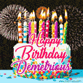 Amazing Animated GIF Image for Demetrious with Birthday Cake and Fireworks