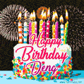 Amazing Animated GIF Image for Deng with Birthday Cake and Fireworks