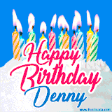 A cheerful animated GIF featuring colorful lit birthday candles on a white cake, with the text 'Happy Birthday Denny' in bold red and blue script on a bright blue background.