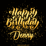 Animated GIF with colorful, festive 'Happy Birthday Denny' text decorated with patterns, a party hat, and falling confetti. A vibrant and cheerful design for birthday celebrations.
