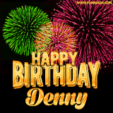 A captivating GIF with bursts of green, pink, and orange fireworks lighting up the night sky, accompanied by 'Happy Birthday Denny' in glowing golden text.