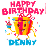 A funny animated birthday GIF with the words 'Happy Birthday Dennya', colorful gift box with arms and legs, holding a cupcake with a lit candle  with confetti everywhere.