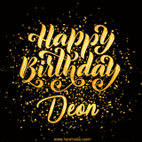 Animated GIF with colorful, festive 'Happy Birthday Deon' text decorated with patterns, a party hat, and falling confetti. A vibrant and cheerful design for birthday celebrations.