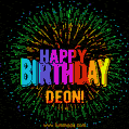 A colorful animated GIF featuring the text 'Happy Birthday Deon!' in rainbow colors with a dynamic iridescent firework display in the background.