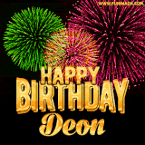 A captivating GIF with bursts of green, pink, and orange fireworks lighting up the night sky, accompanied by 'Happy Birthday Deon' in glowing golden text.
