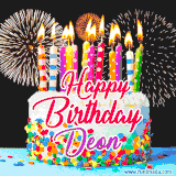 A lively happy birthday animated GIF showcasing a colorful birthday cake covered in sprinkles, topped with glowing candles, and surrounded by vibrant fireworks. The name 'Deon' is featured in elegant script.