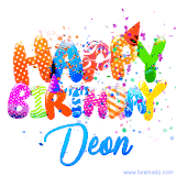 Animated GIF with colorful, festive 'Happy Birthday Deon' text decorated with patterns, a party hat, and falling confetti. A vibrant and cheerful design for birthday celebrations.