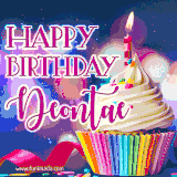 A festive animated GIF featuring a colorful cupcake with a single lit candle, sprinkles, and 'Happy Birthday Deontae' text against a sparkling, celebratory background.