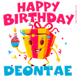 A funny animated birthday GIF with the words 'Happy Birthday Deontaea', colorful gift box with arms and legs, holding a cupcake with a lit candle  with confetti everywhere.