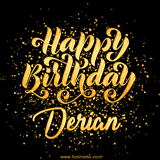 Animated GIF with colorful, festive 'Happy Birthday Derian' text decorated with patterns, a party hat, and falling confetti. A vibrant and cheerful design for birthday celebrations.