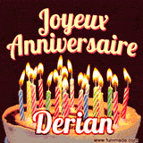 A Happy Birthday GIF in French featuring a festive birthday cake adorned with bright candles and the glowing text 'Joyeux Anniversaire Derian' in a cheerful style.