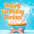 A cheerful animated GIF of a cupcake with creamy frosting, a red checkered ribbon, and a bright sparkler on top. The text 'Happy Birthday Derian!' is displayed in vibrant orange and red.