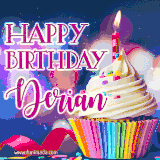 A festive animated GIF featuring a colorful cupcake with a single lit candle, sprinkles, and 'Happy Birthday Derian' text against a sparkling, celebratory background.