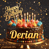 Burning birthday candles on top of a chocolate drip cake decorated with colorful icing dollops and sprinkles, personalized for Derian.
