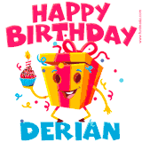 A funny animated birthday GIF with the words 'Happy Birthday Deriana', colorful gift box with arms and legs, holding a cupcake with a lit candle  with confetti everywhere.