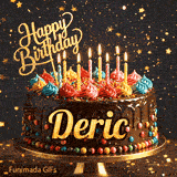 Festive chocolate cake GIF with the name Deric written on the dark glaze under flickering candles.