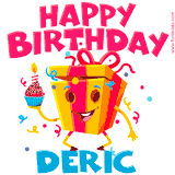 A funny animated birthday GIF with the words 'Happy Birthday Derica', colorful gift box with arms and legs, holding a cupcake with a lit candle  with confetti everywhere.