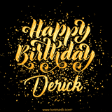 Animated GIF with colorful, festive 'Happy Birthday Derick' text decorated with patterns, a party hat, and falling confetti. A vibrant and cheerful design for birthday celebrations.