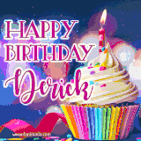 A festive animated GIF featuring a colorful cupcake with a single lit candle, sprinkles, and 'Happy Birthday Derick' text against a sparkling, celebratory background.