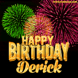 A captivating GIF with bursts of green, pink, and orange fireworks lighting up the night sky, accompanied by 'Happy Birthday Derick' in glowing golden text.