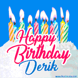 A cheerful animated GIF featuring colorful lit birthday candles on a white cake, with the text 'Happy Birthday Derik' in bold red and blue script on a bright blue background.