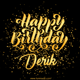 Animated GIF with colorful, festive 'Happy Birthday Derik' text decorated with patterns, a party hat, and falling confetti. A vibrant and cheerful design for birthday celebrations.