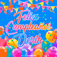 A vibrant animated GIF with 'Feliz Cumpleaños Derik' written in colorful script, surrounded by balloons, confetti, and bunting on a bright blue background.