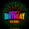 A colorful animated GIF featuring the text 'Happy Birthday Derik!' in rainbow colors with a dynamic iridescent firework display in the background.