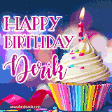 A festive animated GIF featuring a colorful cupcake with a single lit candle, sprinkles, and 'Happy Birthday Derik' text against a sparkling, celebratory background.