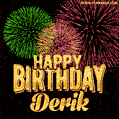 Wishing You A Happy Birthday, Derik! Best fireworks GIF animated greeting card.