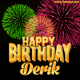 A captivating GIF with bursts of green, pink, and orange fireworks lighting up the night sky, accompanied by 'Happy Birthday Derik' in glowing golden text.