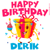 A funny animated birthday GIF with the words 'Happy Birthday Derika', colorful gift box with arms and legs, holding a cupcake with a lit candle  with confetti everywhere.