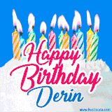 A cheerful animated GIF featuring colorful lit birthday candles on a white cake, with the text 'Happy Birthday Derin' in bold red and blue script on a bright blue background.