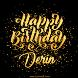 Animated GIF with colorful, festive 'Happy Birthday Derin' text decorated with patterns, a party hat, and falling confetti. A vibrant and cheerful design for birthday celebrations.