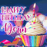 A festive animated GIF featuring a colorful cupcake with a single lit candle, sprinkles, and 'Happy Birthday Derin' text against a sparkling, celebratory background.