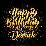 Animated GIF with colorful, festive 'Happy Birthday Derrick' text decorated with patterns, a party hat, and falling confetti. A vibrant and cheerful design for birthday celebrations.